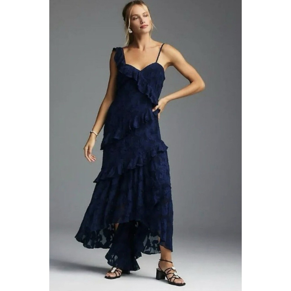 BHLDN Claudia‎ Asymmetrical Ruffled Chiffon Dress Blue Wedding Tiered Flutter L